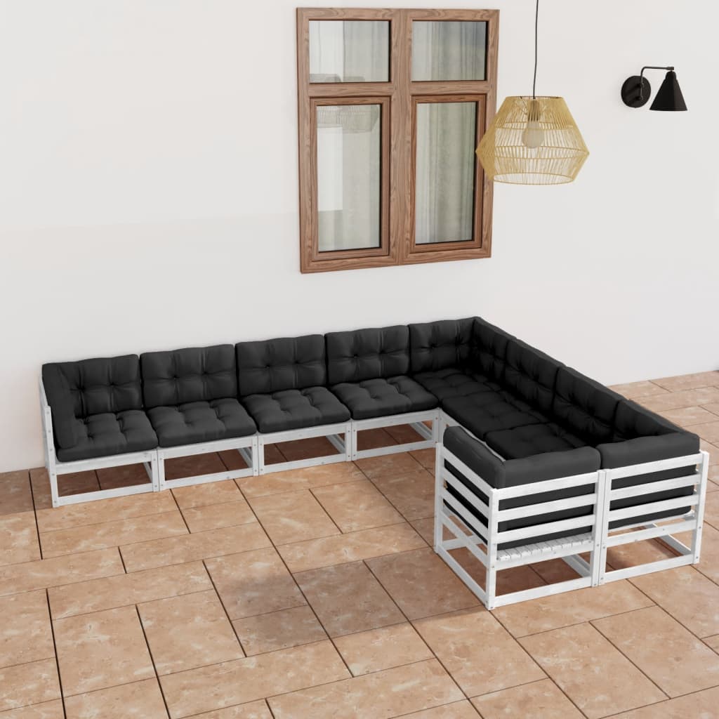 9-tlg. Garten-Lounge-Set mit Kissen Weiss Kiefer Massivholz